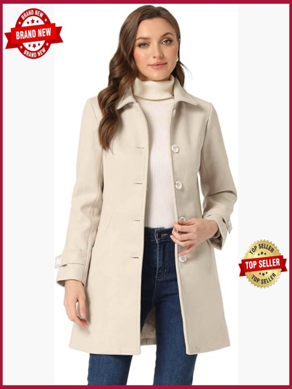 Winter Pea Coat Peter Pan Collar Single Breasted A-Line Mid-thigh Overcoat